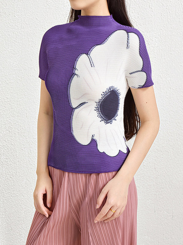 Flower Print Pleated Short Sleeves Mock Neck T-Shirts Tops