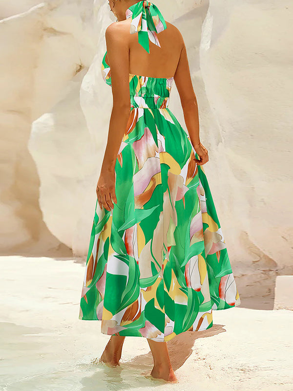 Pleated Printed Split-Joint A-Line Loose Halter-Neck Midi Dresses