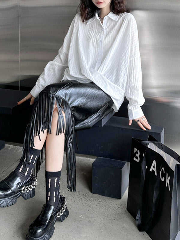 Buttoned Solid Color Long Sleeves Loose Lapel Blouses&Shirts Tops