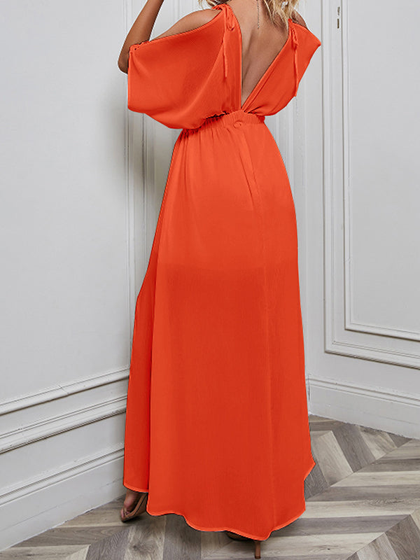 Solid Color Split-front Batwing Sleeves Loose Deep V-Neck Maxi Dresses