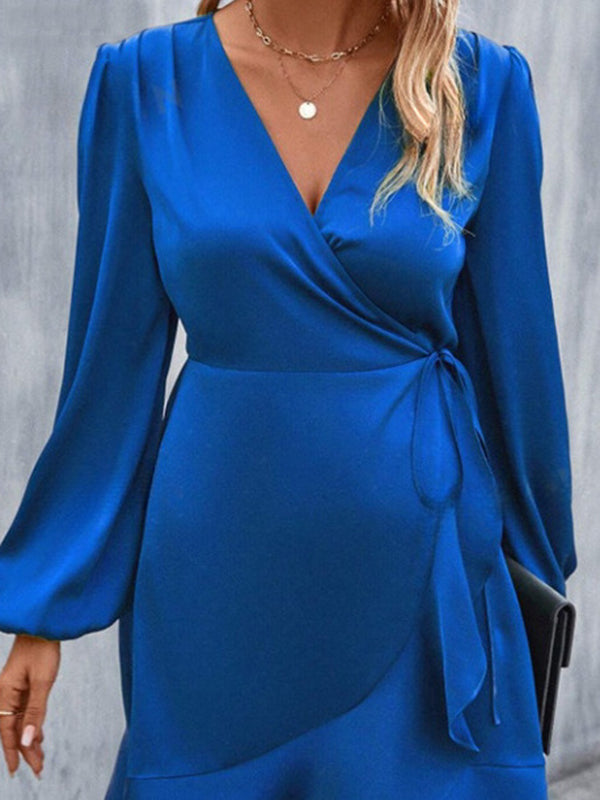 Elasticity Pleated Solid Color Split-Joint Tied High Waisted High-Low V-Neck Mini Dresses