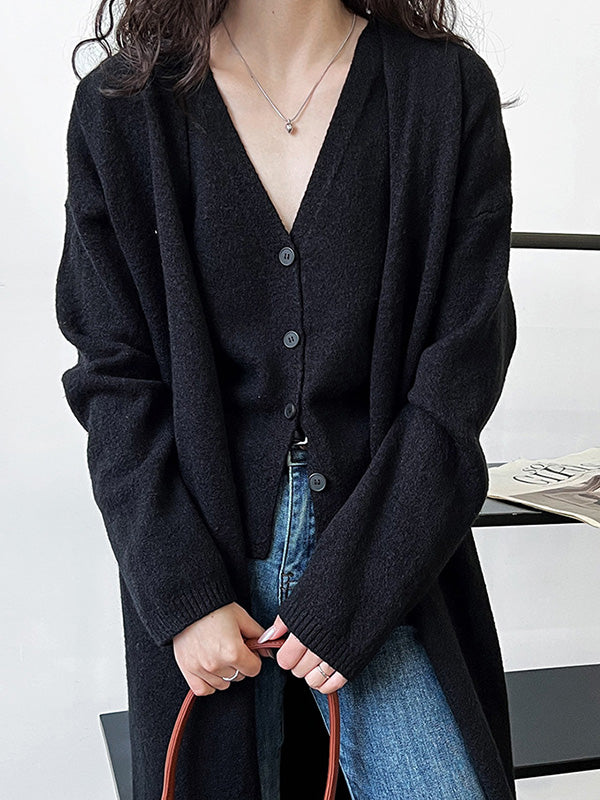 Buttoned Solid Color Long Sleeves Loose V-Neck Knit Vest + Cardigan Two Pieces Set