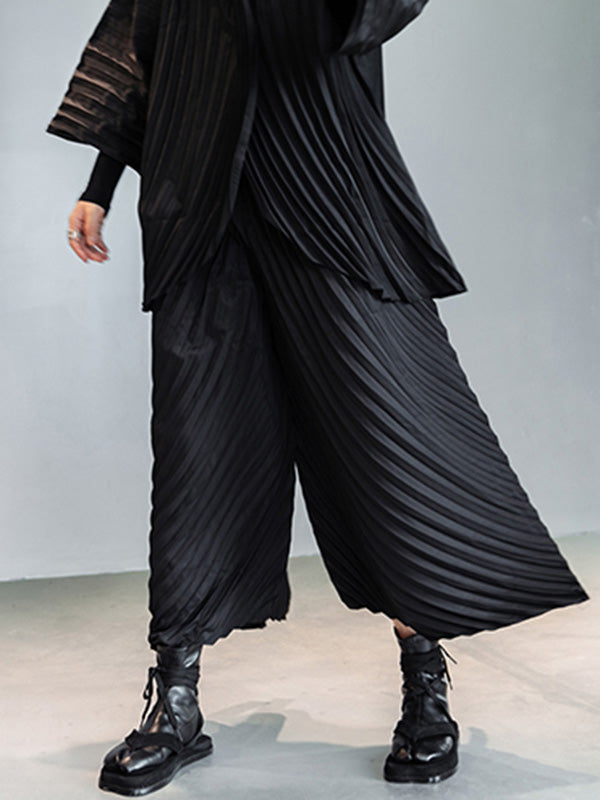 Urban Solid Color Pleated Outerwear&Pants Two Pieces Set