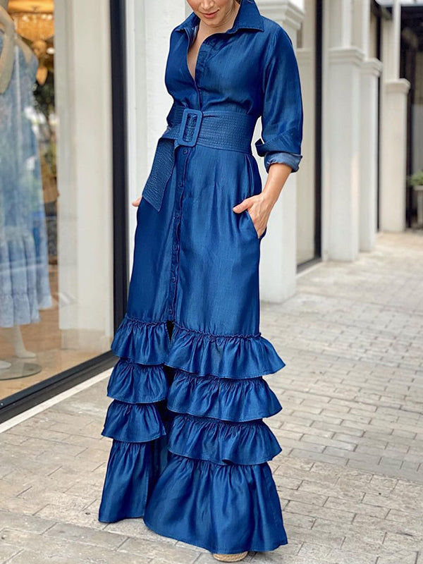 Falbala Solid Color Long Sleeves Lapel Collar Maxi Dresses