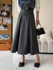 Pleated Solid Color Split-Joint A-Line High Waisted Skirts Bottoms