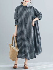 Simple Striped Buttoned Lapel Long Sleeves Shirt Dress