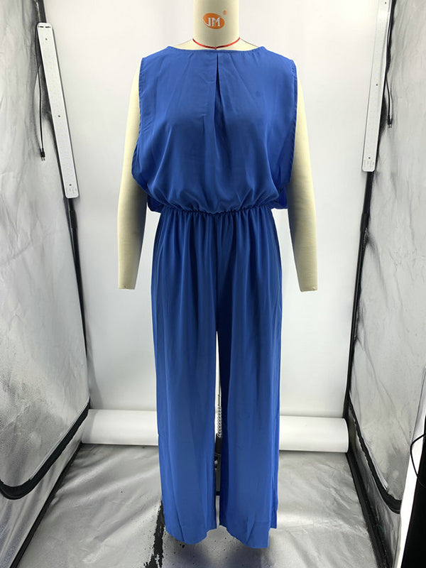 Backless Elasticity Pleated Solid Color Split-Joint High Waisted Sleeveless Jumpsuits