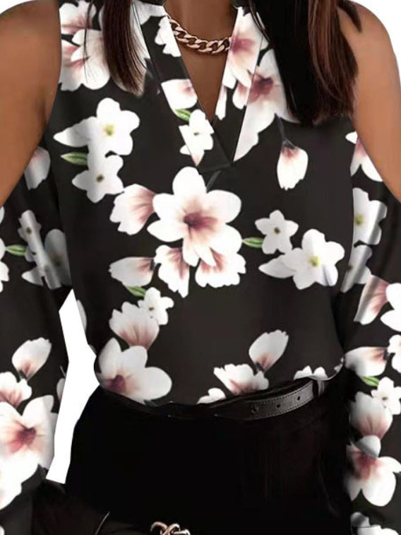 Original Creation Loose Long Sleeves Floral Printed Hollow V-Neck Blouses&Shirts Tops