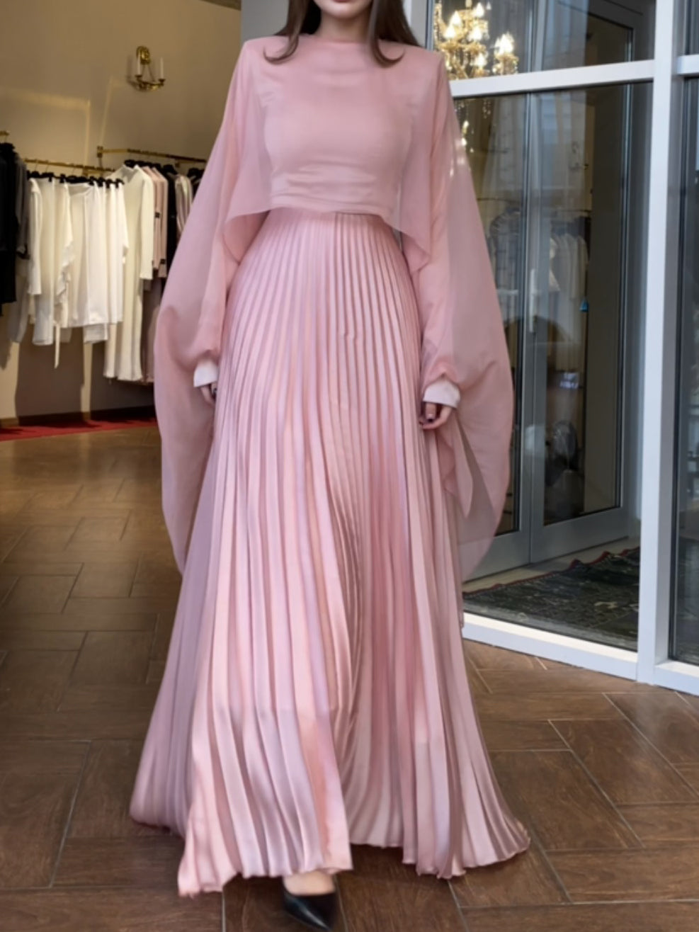 Long Sleeves Pleated Solid Color Round-neck Evening Maxi Dresses