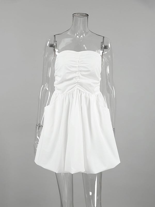 Elasticity Pleated Pockets Solid Color A-Line High Waisted Tube Mini Dresses