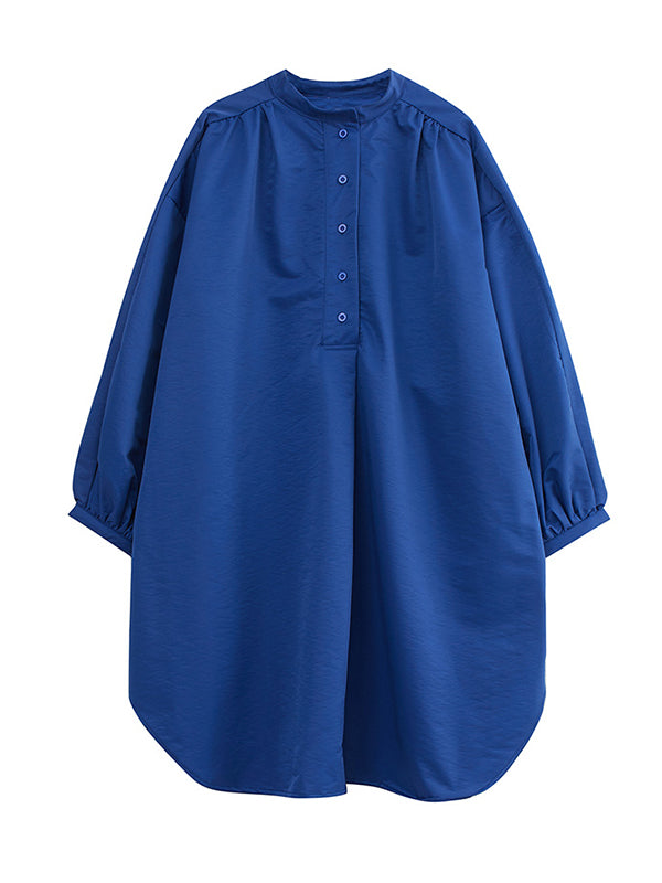 Loose Puff Sleeves Solid Color Stand Collar Midi Dresses