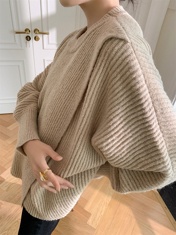 Irregularity Loose Solid Color Batwing Sleeves Round-Neck Sweater Tops