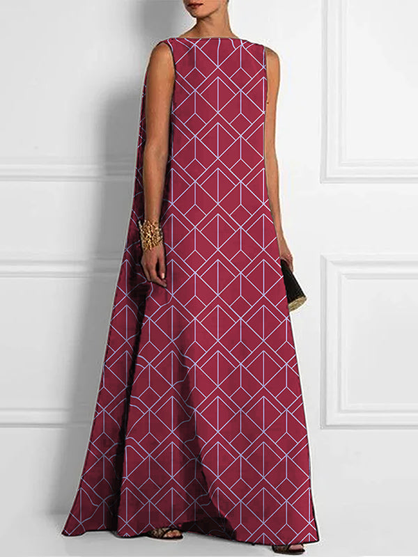 Backless Printed Loose Sleeveless Boat Neck Maxi Dresses