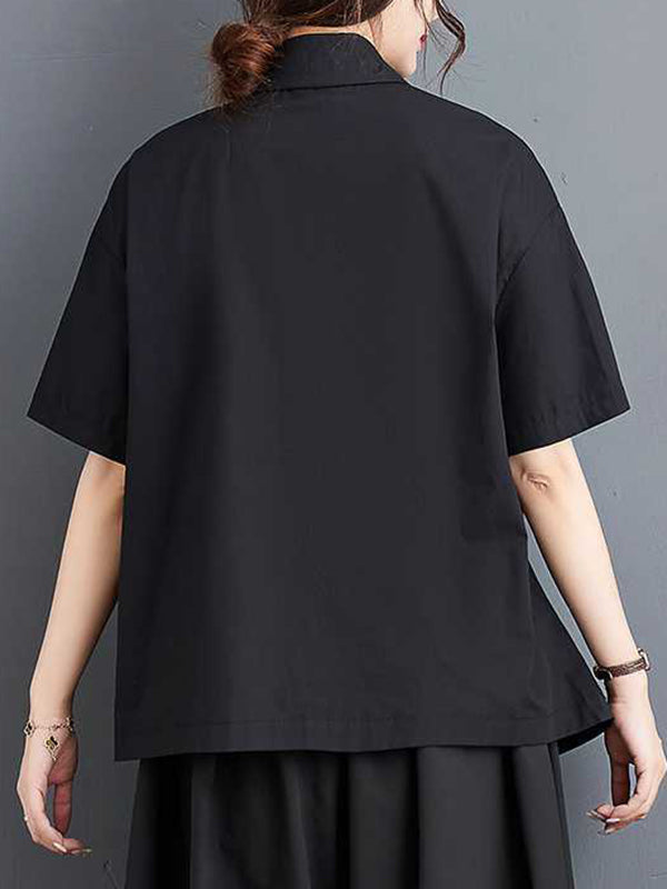 Buttoned Embroidered Pleated Irregularity Loose Lapel Collar Blouses&Shirts Tops