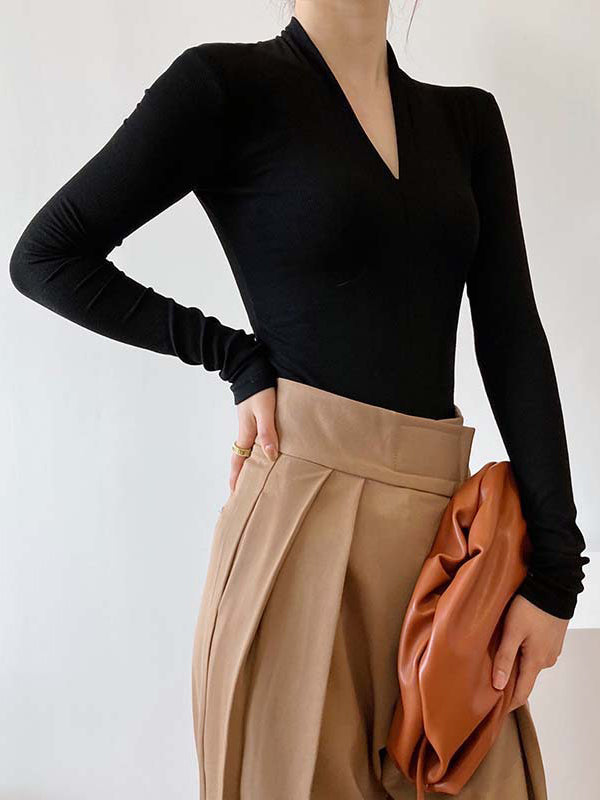 Solid Color Long Sleeves Skinny V-Neck T-Shirts Tops