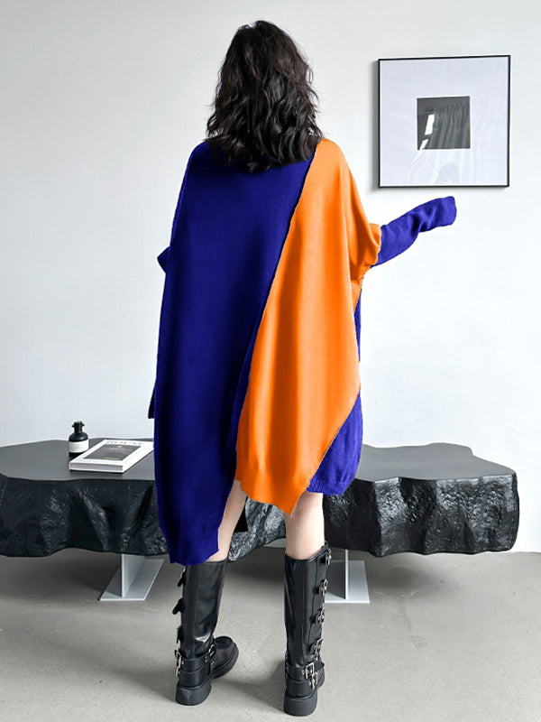 Asymmetric Contrast Color Split-Joint Batwing Sleeves Hipster High-neck Sweater Dresses Midi Dresses