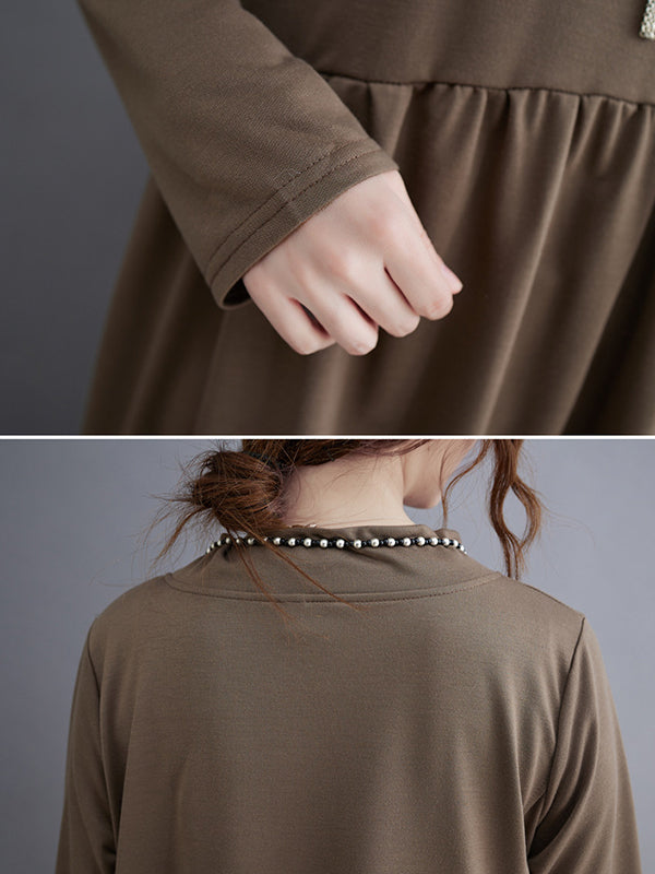 Casual Loose Long Sleeves Solid Color Stand Collar Midi Dresses