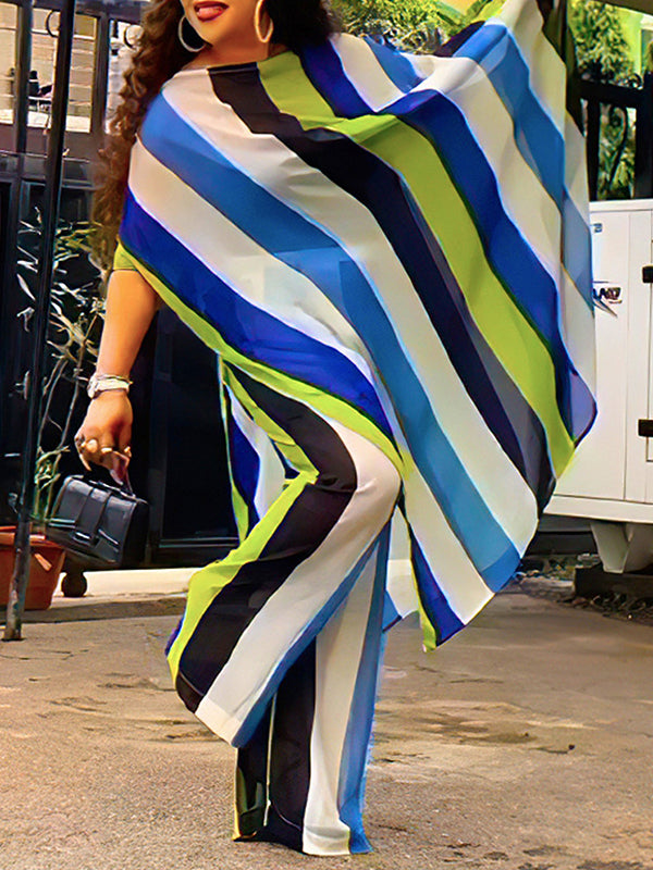 Contrast Color See-Through Split-Side Striped Batwing Sleeves Loose Two Pieces Set Pants Set