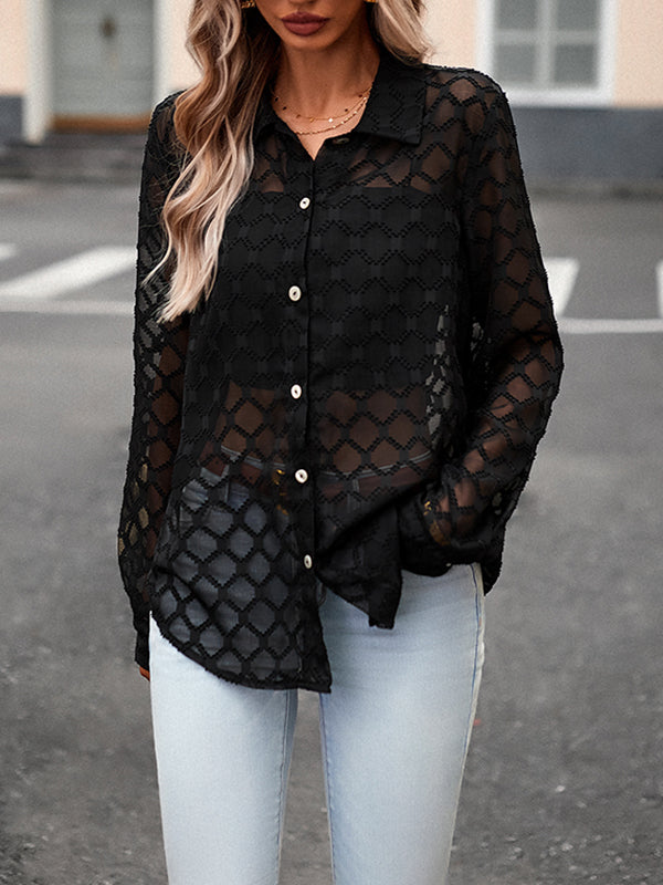 Buttoned Jacquard Mesh See-Through Long Sleeves Loose Lapel Blouses&Shirts Tops