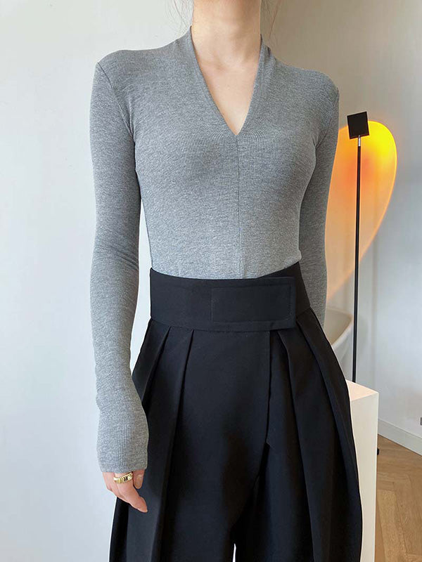 Original V-Neck Solid Color Slim T-Shirts Tops