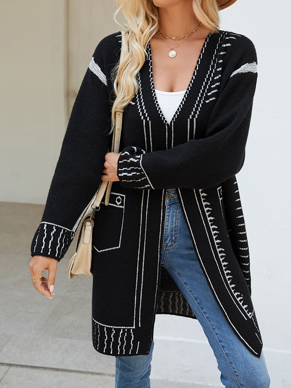 Jacquard Split-Joint Long Sleeves Loose V-Neck Cardigan Tops