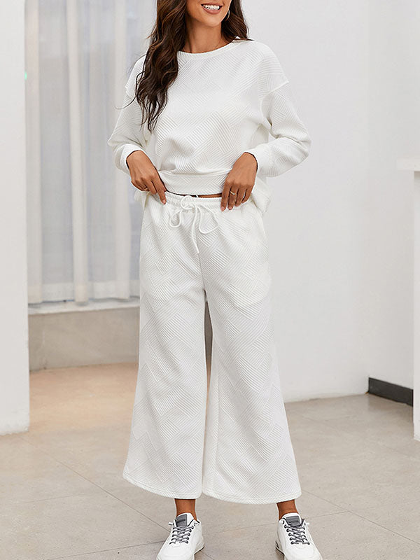 Round-Neck Long Sleeves Loose Solid Color Shirts Top + Drawstring Pants Bottom Two Pieces Set