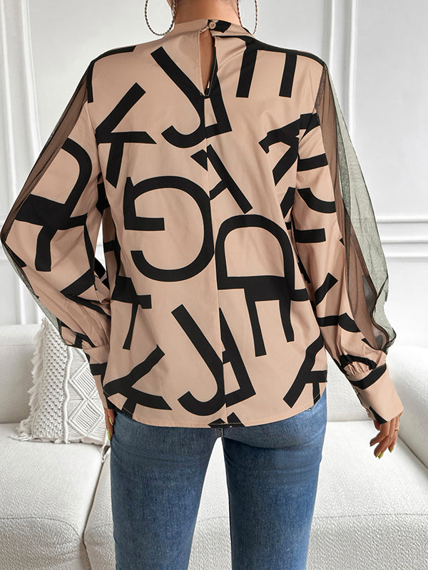 Hollow Letter Print Mesh See-Through Long Sleeves Round-neck Shirts Tops Blouses&shirts Tops