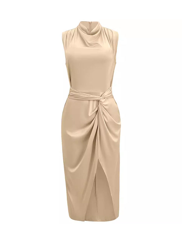 Knot Pleated Solid Color Split-Side A-Line Loose Mock Neck Midi Dresses