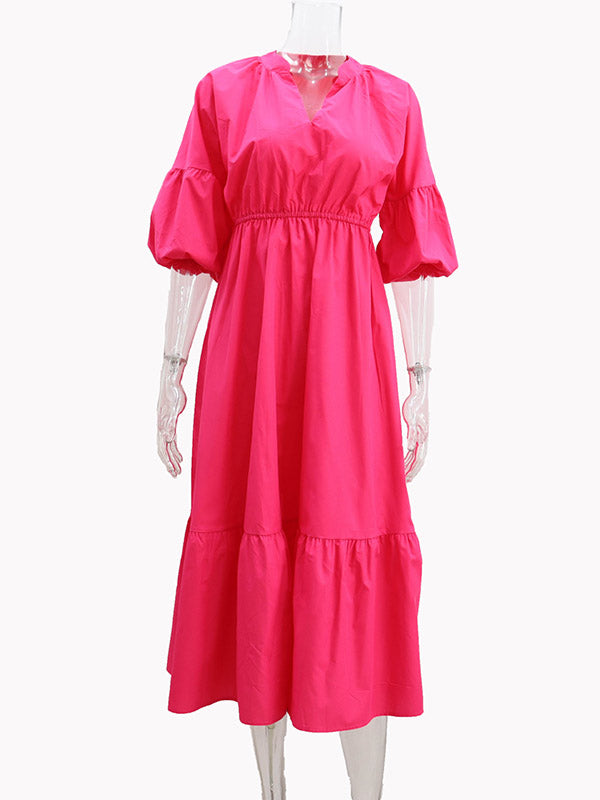 Elasticity Pleated Solid Color A-Line Half Sleeves V-Neck Midi Dresses