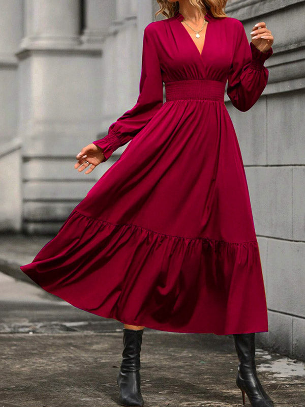 Elasticity Pleated Solid Color A-Line Flared Sleeves V-Neck Midi Dresses