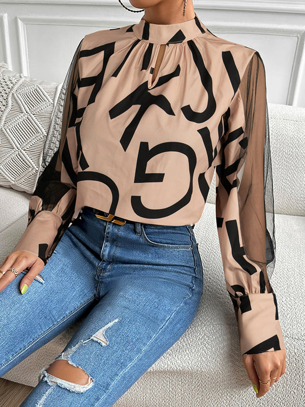 Hollow Letter Print Mesh See-Through Long Sleeves Round-neck Shirts Tops Blouses&shirts Tops
