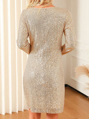 Pleated Sequined Shiny Zipper Bodycon Long Sleeves Round-Neck Mini Dresses