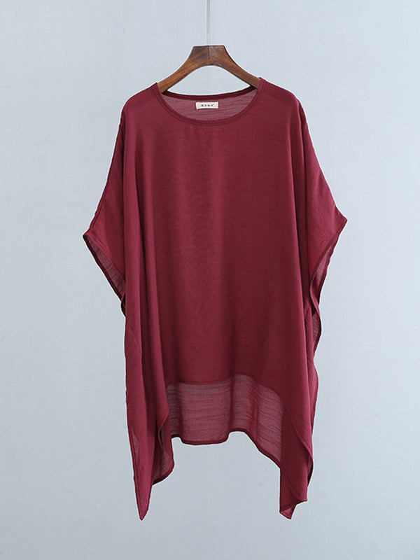 See-Through Solid Color Half Sleeves High-Low Round-Neck Blouses