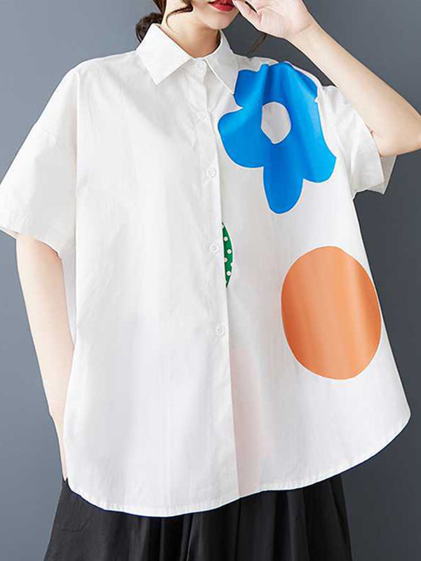 Buttoned Flower Print Loose Short Sleeves Lapel Blouses&Shirts Tops