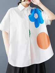 Buttoned Flower Print Loose Short Sleeves Lapel Blouses&Shirts Tops