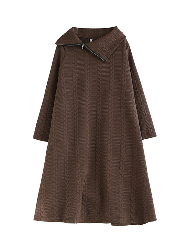 Asymmetric Solid Color Zipper A-Line Long Sleeves Asymmetric Collar Midi Dresses