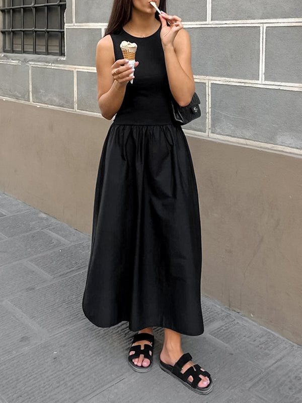 Solid Color Split-Joint A-Line Sleeveless Round-Neck Maxi Dresses