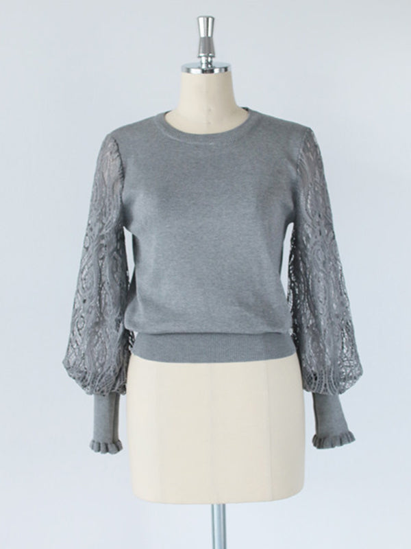 Original Loose Hollow Lace Round-Neck Long Puff Sleeves Sweater Pullovers