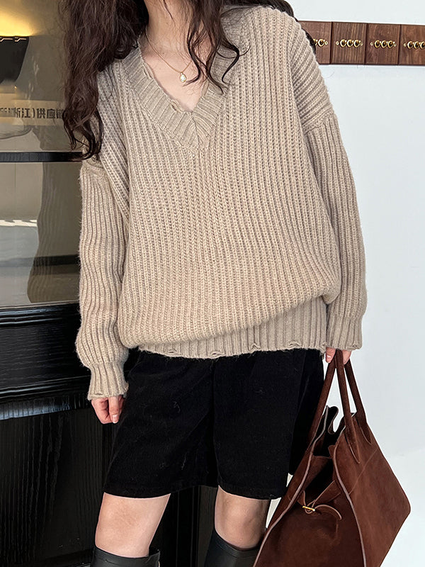 Hollow Solid Color Long Sleeves Loose V-Neck Sweater Tops Pullovers