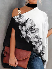 Asymmetric Chains Flower Print Batwing Sleeves Loose Asymmetric Collar Blouses&shirts Tops