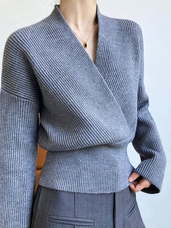 Casual Long Sleeves Loose Solid Color Cross V-Neck Sweater Tops