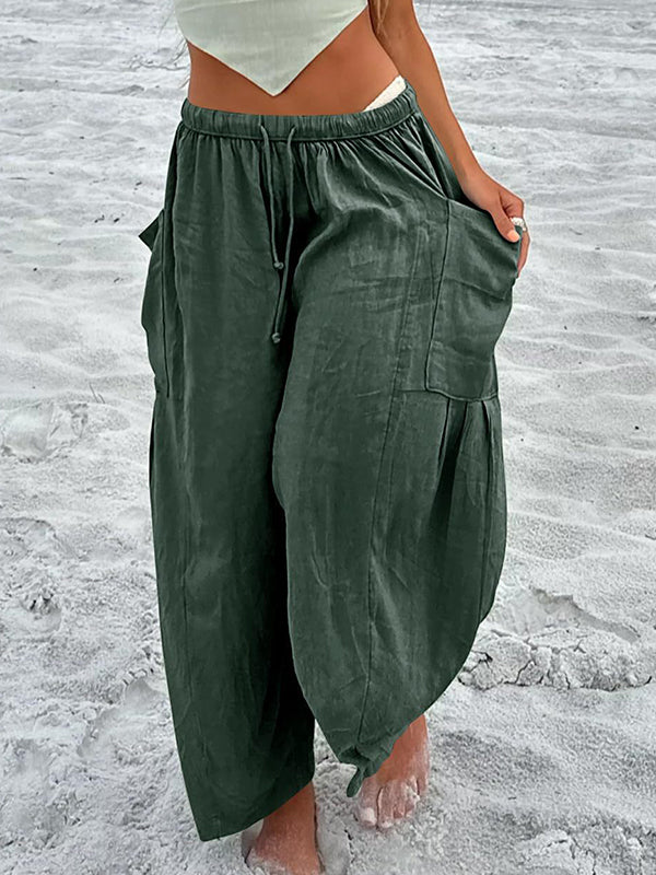 Drawstring Elasticity Pleated Pockets Solid Color High Waisted Loose Trousers Ninth Pants