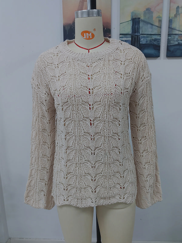 Original Creation Long Sleeves Loose Hollow Solid Color Round-Neck Sweater Tops