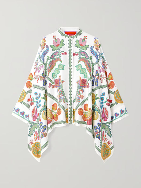 Buttoned Flower Print Batwing Sleeves High-Low Mock Neck Blouses&Shirts Tops