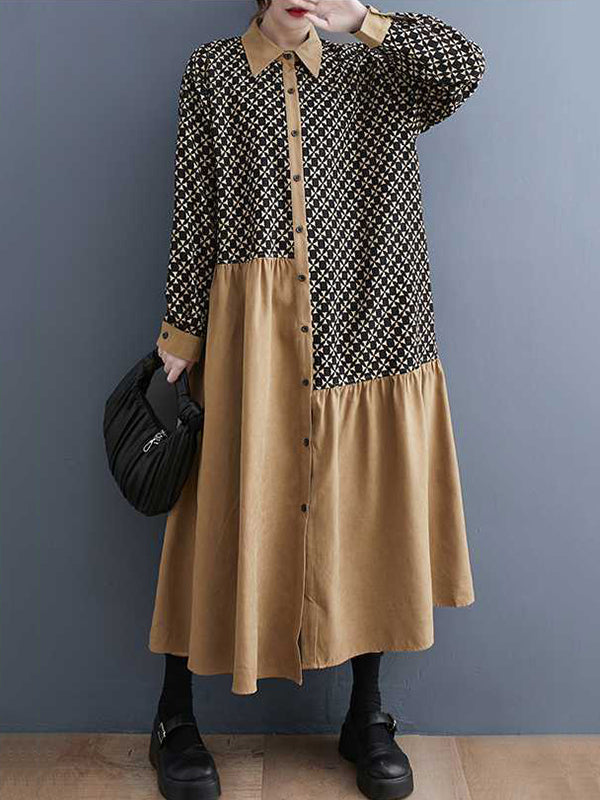 Asymmetric Buttoned Pleated Printed Split-Joint A-Line Long Sleeves Lapel Midi Dresses