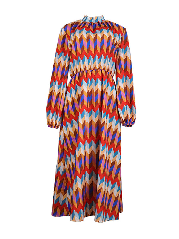 Contrast Color Elasticity Pleated A-Line Long Sleeves Stand Collar Midi Dresses