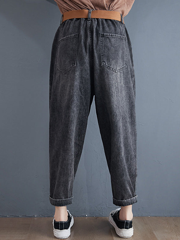 Artistic Retro Loose Velvet Elasticity Belted Jean Pants