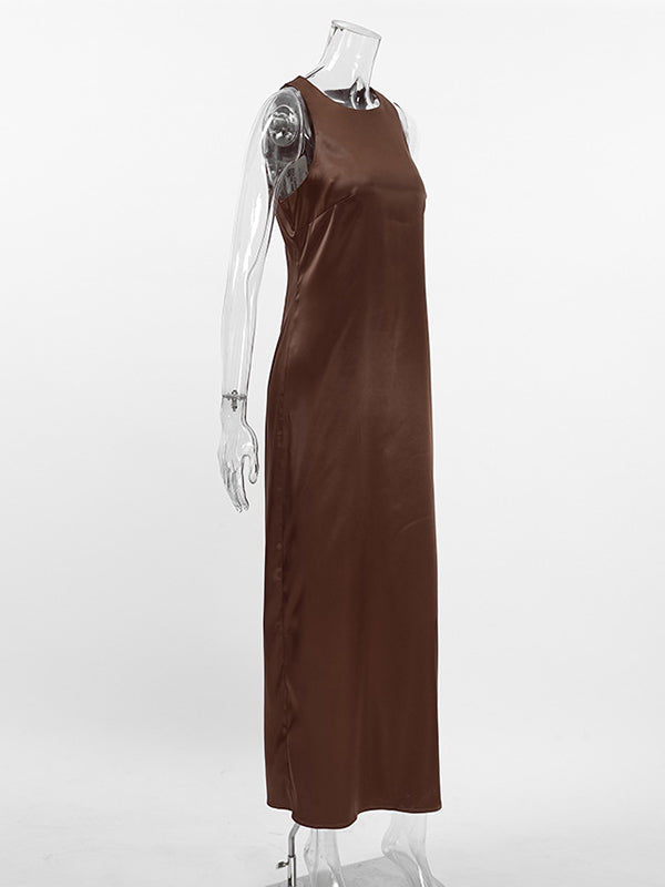 Solid Color Split-back Split-Joint Loose Sleeveless Round-neck Maxi Dresses