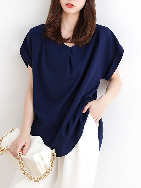 Back Pleated Solid Color Loose Short Sleeves Round-Neck T-Shirts Tops