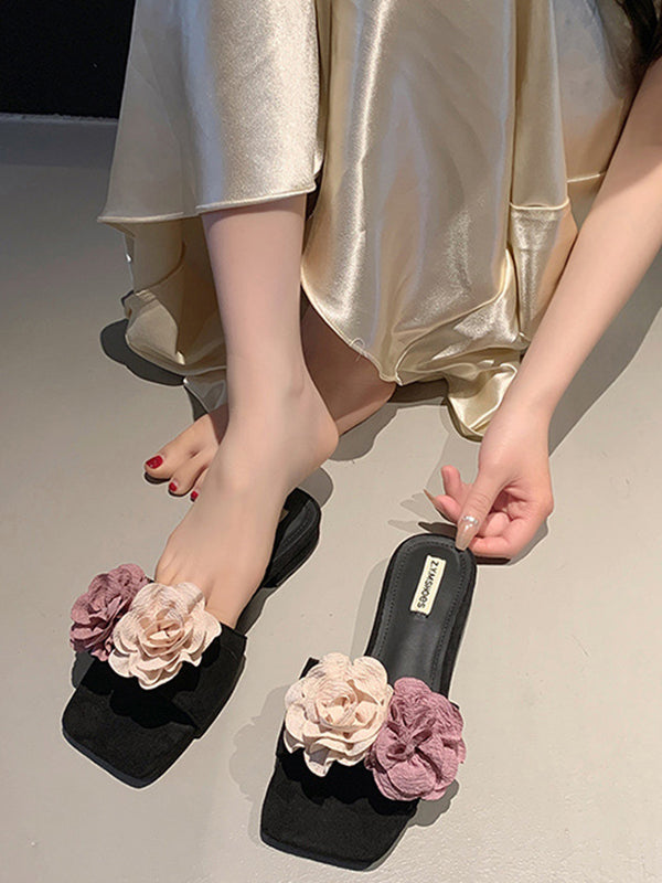 Flower Shape Open Toe Split-Joint Square-Toe Slippers&Mules